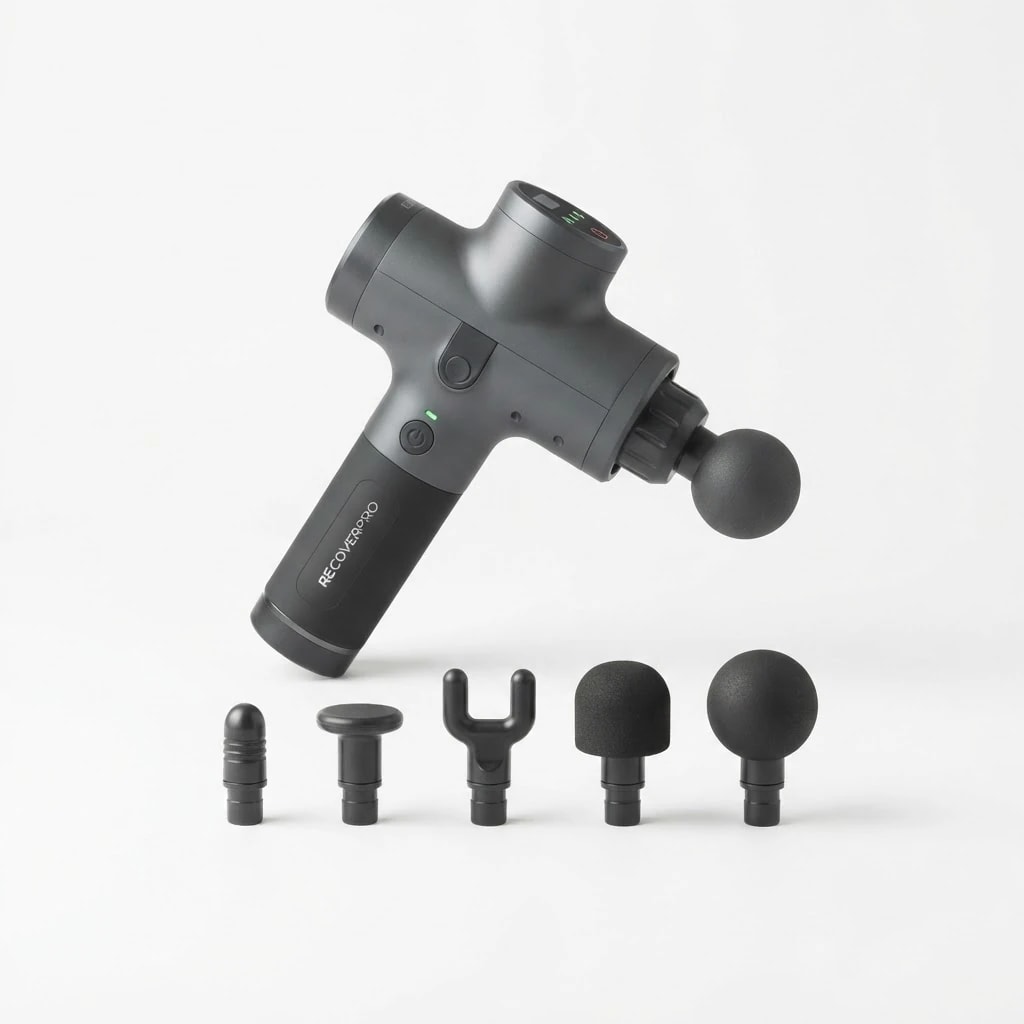 A percussion massage gun with interchangeable heads