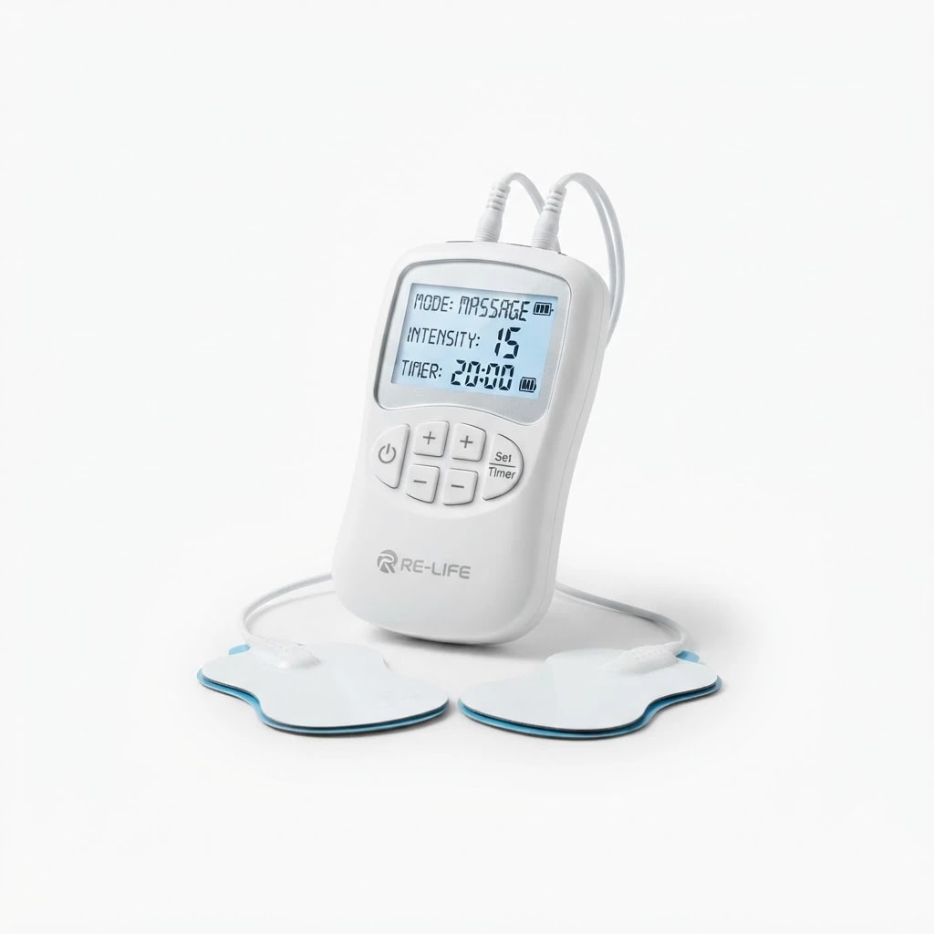 A handheld TENS electrotherapy unit with electrode leads