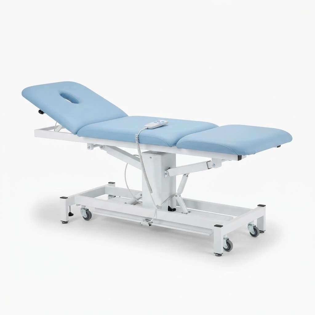 An electric physiotherapy treatment table with the backrest raised
