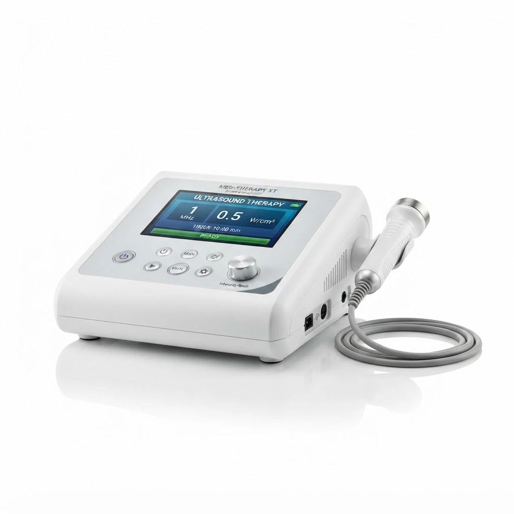 A therapeutic ultrasound unit with its treatment head resting in the holder