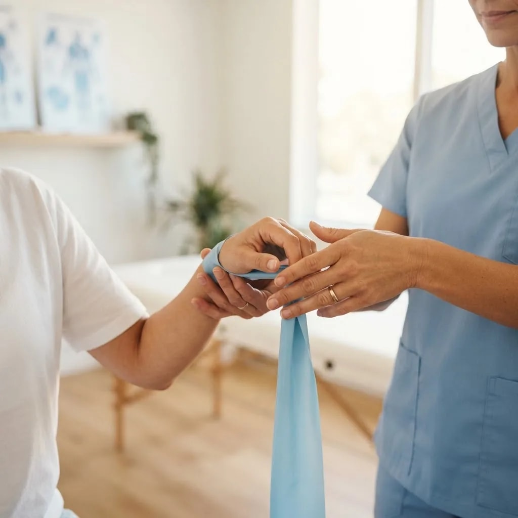 A physiotherapist demonstrating equipment to a colleague