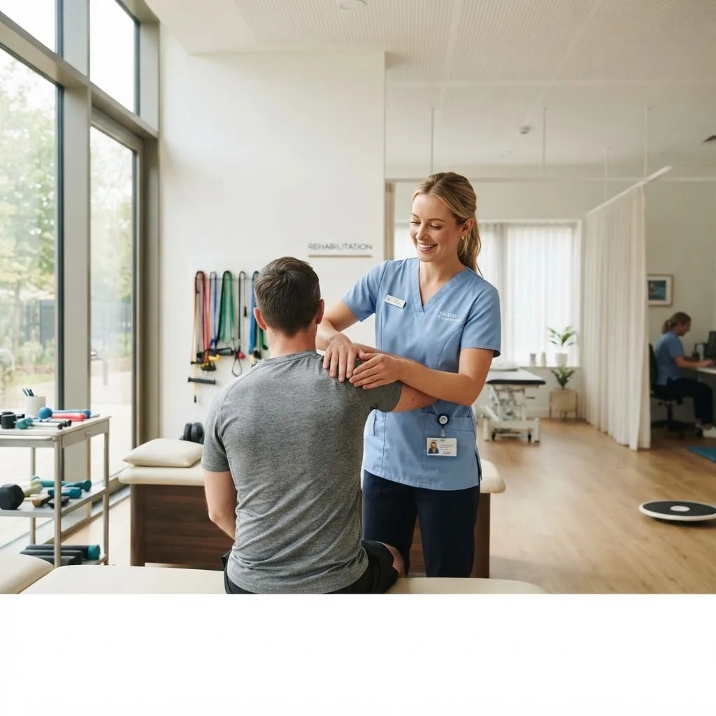 A physiotherapist treating a patient in a modern clinic